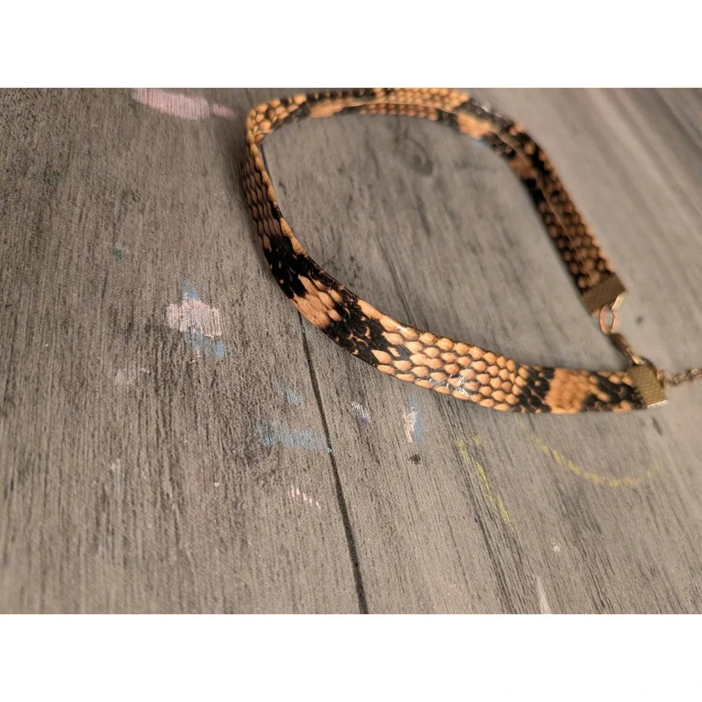 Brown Faux Snakeskin Choker Necklace Animal Print Python Gold Tone Clasp